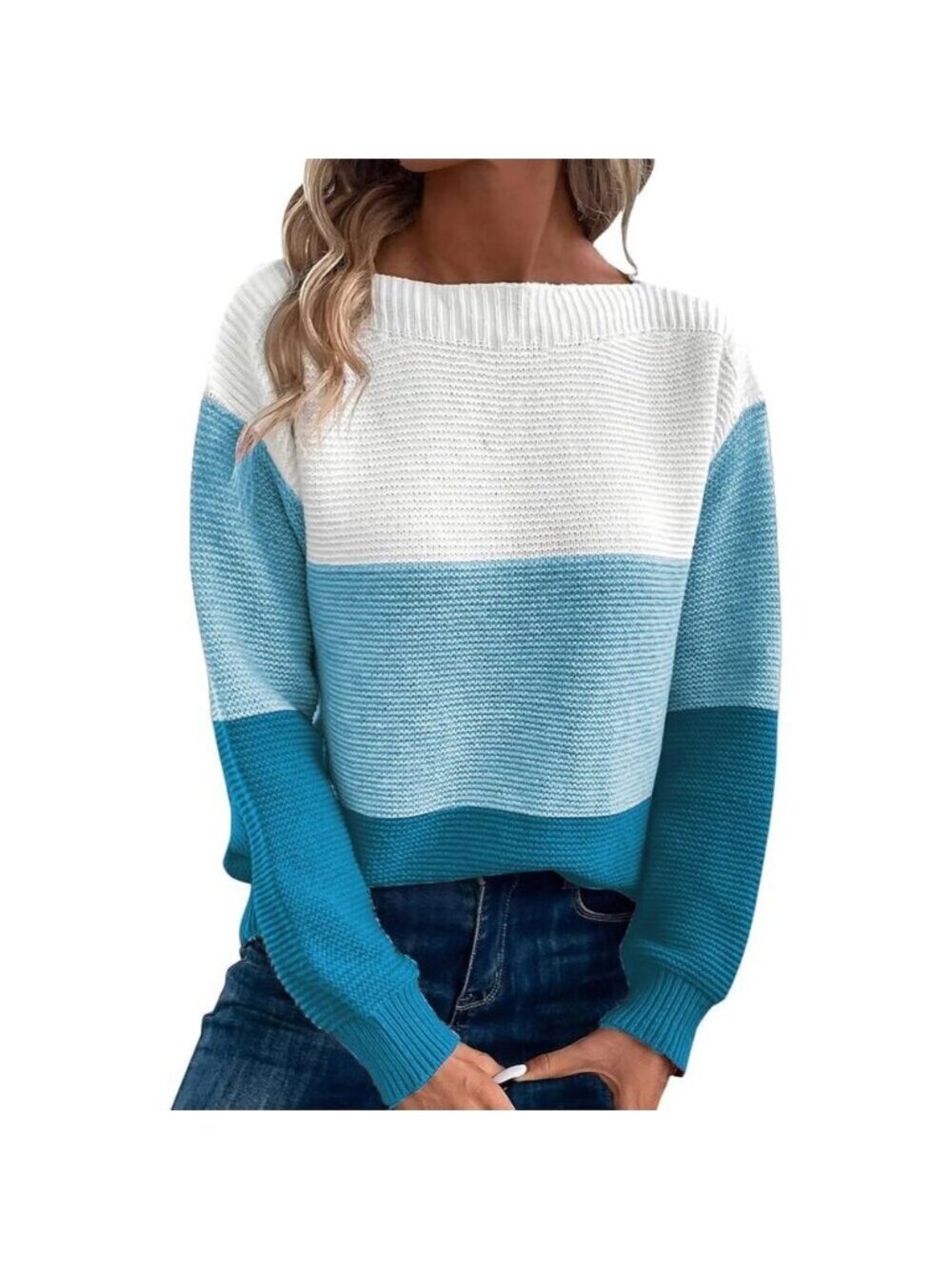 Women's Blue 1 Long Sleeve Crew Neck Color Block Fall Fashion Pullover Sweaters